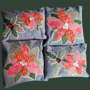Hand-Made Vintage Fabric Applique Holiday Poinsettia & Holly Pillows, Set of 4
